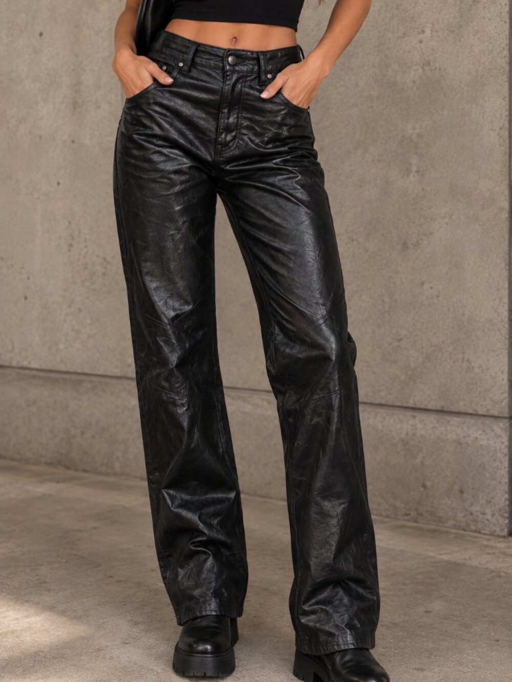 Vintage Genuine Leather Moto Pants High Rise Straight Leg Black Women's 6